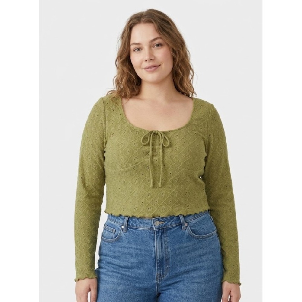 New Cotton On Crop Top XL‎ Green Pointelle Tie Front Long Sleeve Lettuce Hem